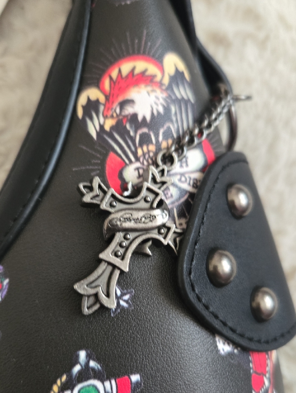 Ed Hardy Black Tattoo-Print Studded Shoulder Bag - Picture 3 of 6